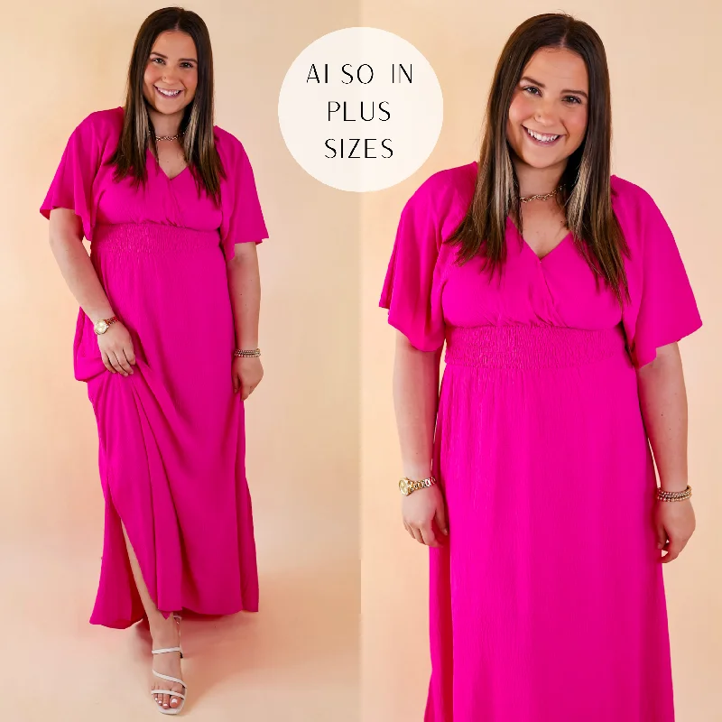 Comfy Women's Outfits for Daily Wear Last Chance Size Small | Wildly In Love V Neck Maxi Dress with Smocked Waist in Fuchsia Pink