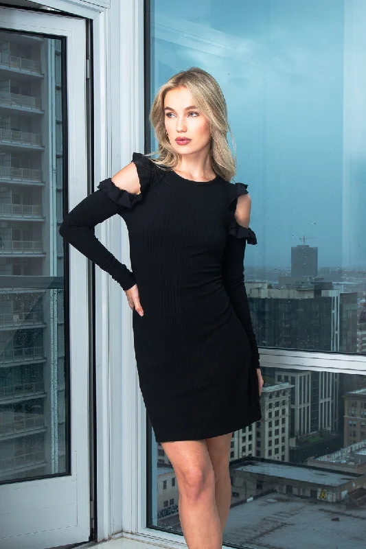 Women Wear Brands Round Neck Long Sleeve Knit Rib Midi Dress W/Cut out Shoulder Detail (1651200)