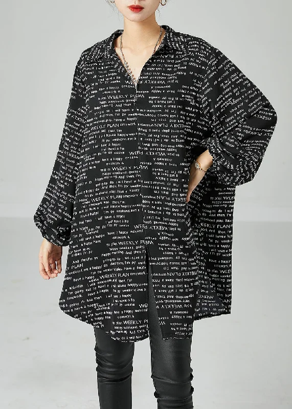 Travel Essentials French Black Oversized Letter Print Chiffon Shirt Dress Spring