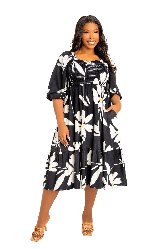 Comfort First Women's Wear Floral Smocked Puff Sleeve Dress