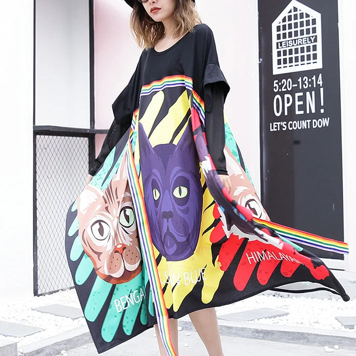 Stay Ahead In Style stylish black print cotton dress Loose fitting patchwork tulle cotton gown casual asymmetric hem kaftans