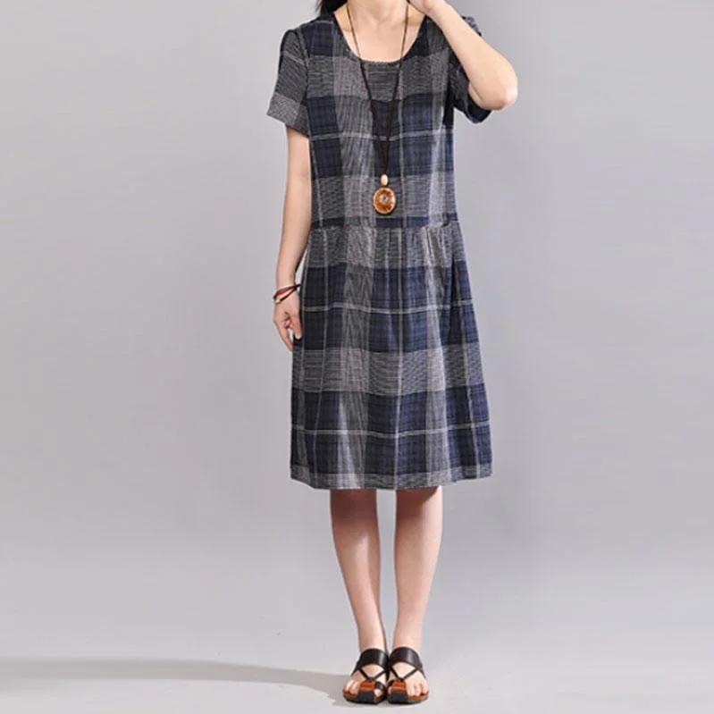 Trendy Boutiques Online Elegant cotton shift dresses plus size clothing Short Sleeve Casual Plaid Summer Pullover Dress