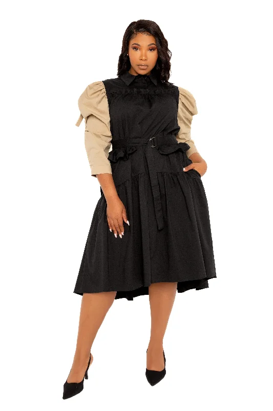 Effortless Everyday Wear Contrasting Puffed Sleeve Dress