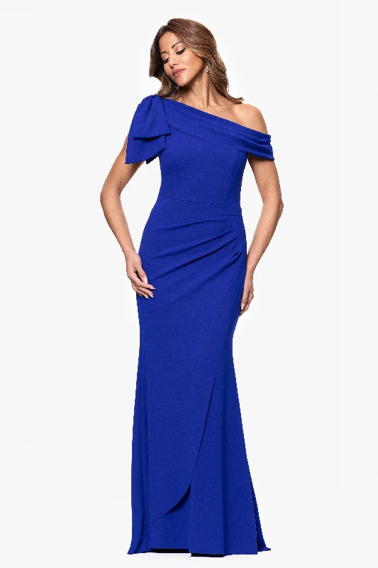 The Latest Trends "Gabrielle" Scuba Crepe Off Shoulder Ruffle Floor Length Dress