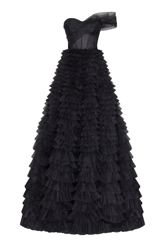 Break Fashion Norms Timeless one-shoulder frill-layered ball gown in black