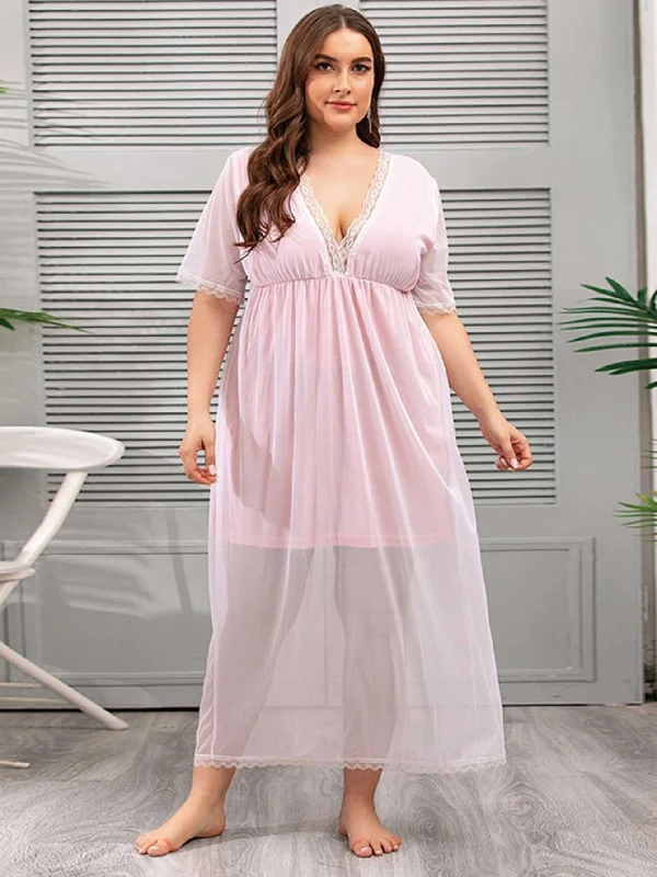 Online Shopping Boutiques KittenAlarm - Plus Size Mesh V-neck Lace Sheer Lounge Wear Nightdress