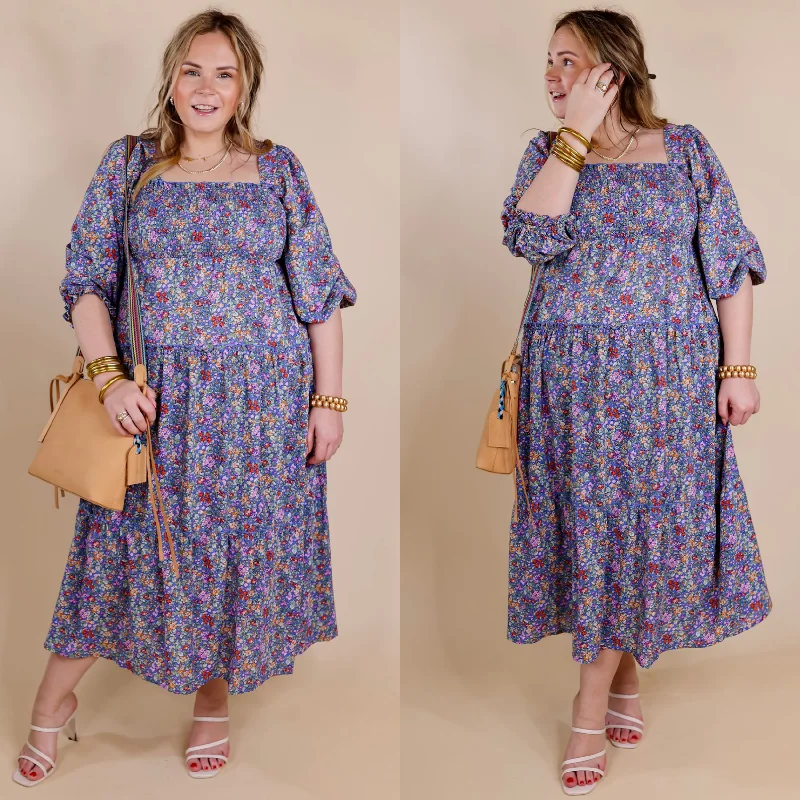 Browse Our Top Products Last Chance Size Medium | Spring Blooms Smocked Floral Maxi Dress in Blue