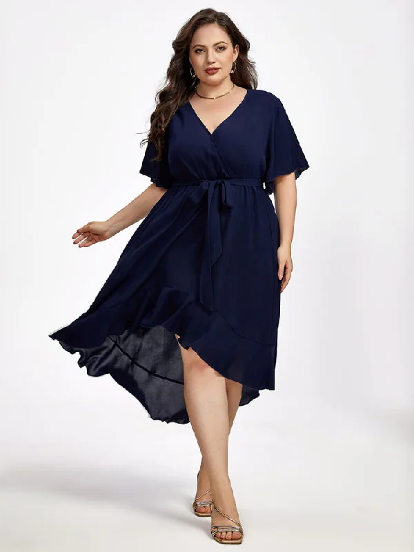 Fashionable Women's Wardrobe Plus Ruffle Sleeve V-Neck Knot Side Wrap Ditsy Midi Dress