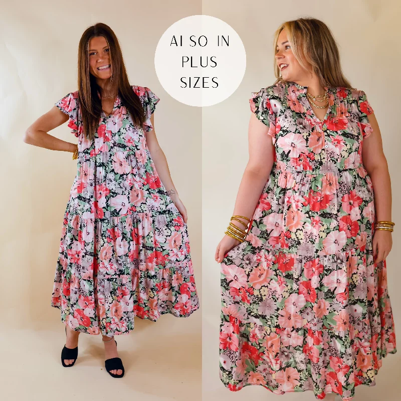 Elegant Style Strolling Down Sunset Floral Tiered Midi Dress in Pink and Green Mix