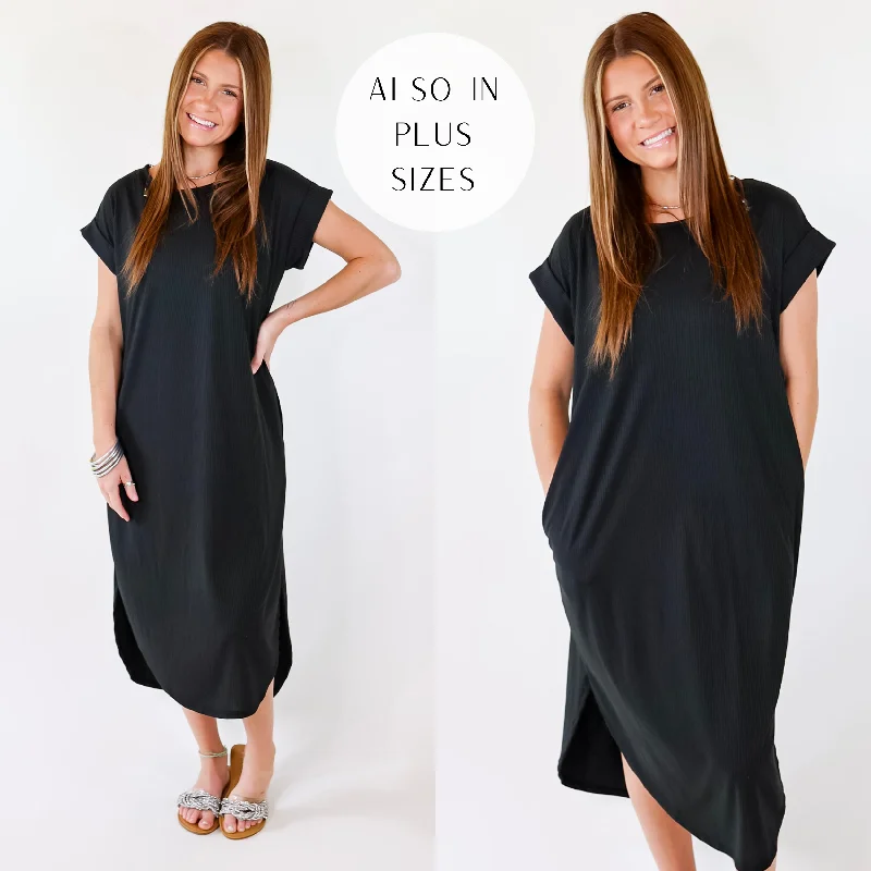 Trendy Women's Wear Last Chance Size Small & XL | Chill Looks Short Sleeve Thin Ribbed Midi Dress in Black