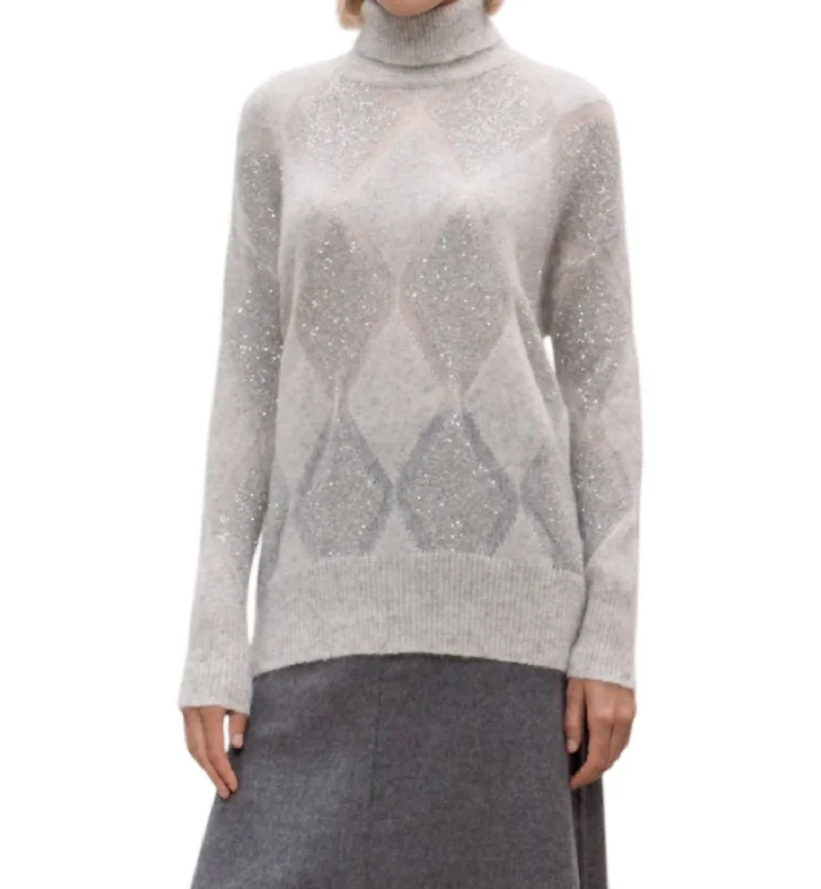 Holiday Discount Pailette Argyle Turtleneck Sweater In Pearl Grey