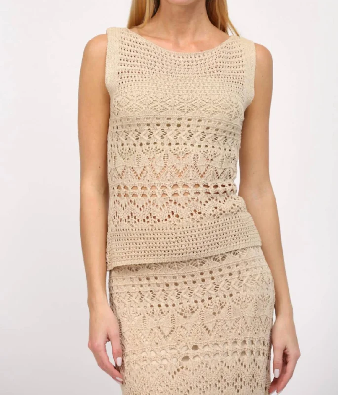 Best Online Boutiques For Women Boat Neck Sleeveless Crochet Top In Taupe