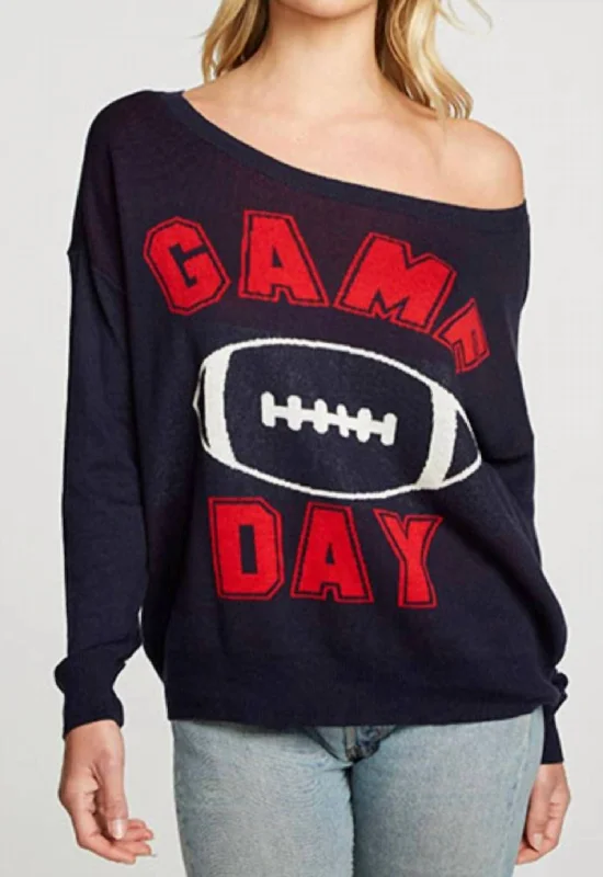 Casual and Comfortable Outfits Long Sleeve Wide Neck Game Day Pullover In Navy