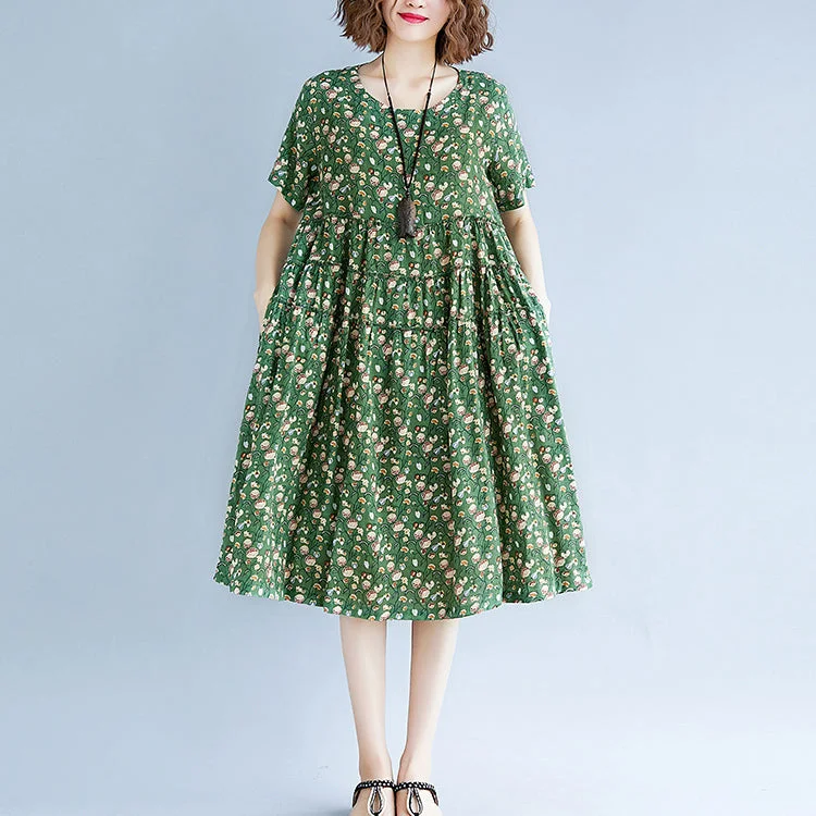 Clothes For Sale Fine green print cotton linen dress oversize short sleeve gown casual o neck baggy dresses cotton linen clothing dress