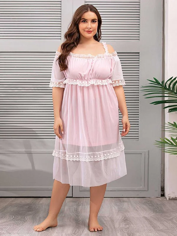 Limited Edition KittenAlarm - Plus Size Mesh V-neck Lace Sheer Lounge Wear Short Sleeve Nightdress