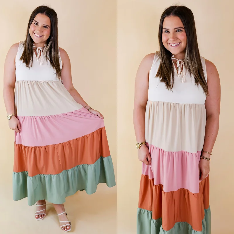 Comfortable Casual Wear Calm Waters High Neck Tiered Maxi Dress in Cream Mix