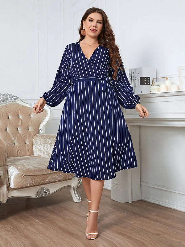 Crazy Discounts, Hurry Up Plus Blue Striped Crisscross Wrap Midi Dress