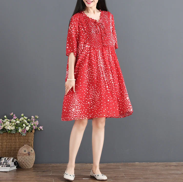 Online Boutiques Best fashion red chiffon sundress V neck half sleeve party dress dotted baggy dresses drawstring summer dress