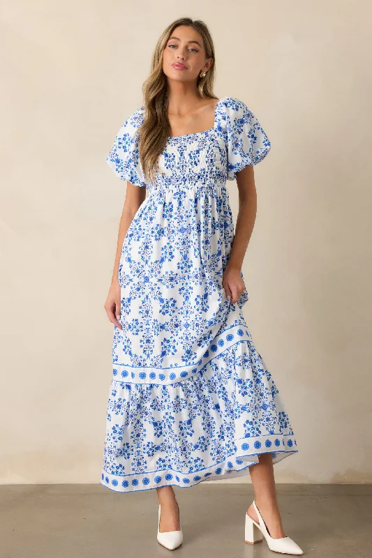 Clearance Sale Rosewater Skies Cotton Royal Blue Floral Maxi Dress