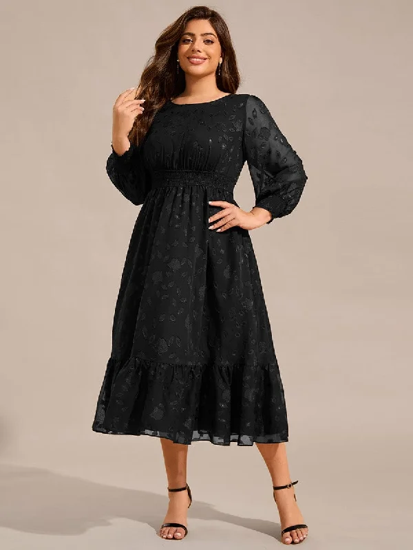 Evening Elegance Alice | Plus Size Long Sleeve Round Neckline Chiffon Wedding Guest Dress