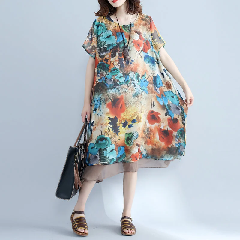 Wardrobe Essentials Elegant floral chiffon dress plus size holiday dresses 2018 short sleeve side open chiffon dress