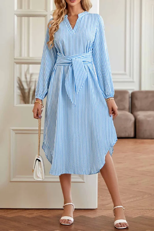 Women's Trendy Outfits V Neck Striped Tie Waist Long Sleeve Midi Dress