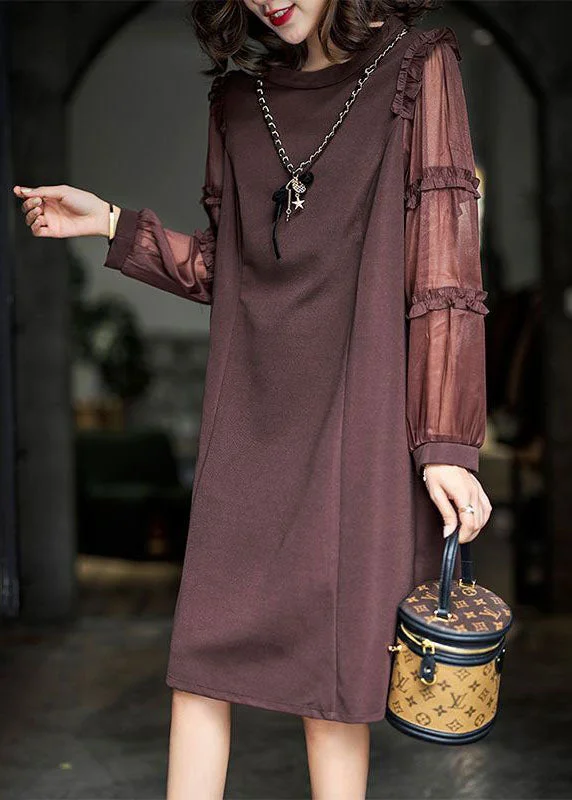 Step Ahead, Lead The Trend Fashion Brown Ruffled Patchwork Cotton Long Dress Spring