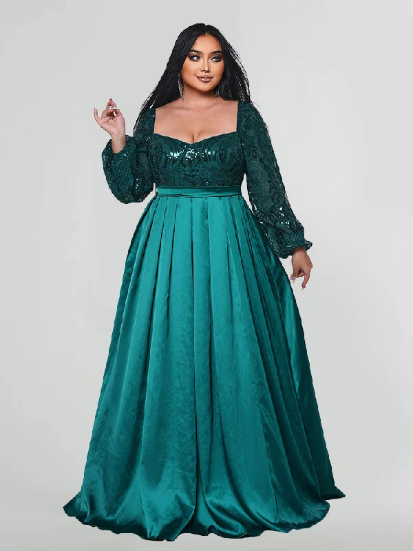 High-Quality Women's Fashion Dresses Plus Emerald Green Sequin Bodice Satin Long Sleeve Maxi Dress