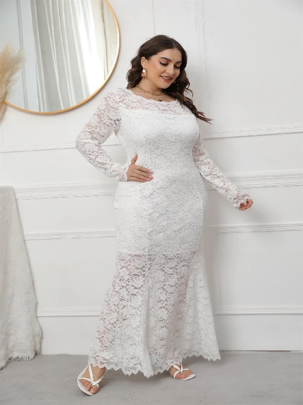 Fashion Deal KittenAlarm - Plus Size Long Sleeve Mermaid Lace Evening Dress HIGH ELASTIC TRUE TO SIZE