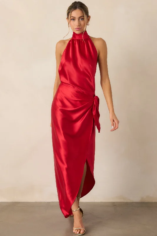 Exclusive Sale A Night Out Red Satin Halter Neck Maxi Dress