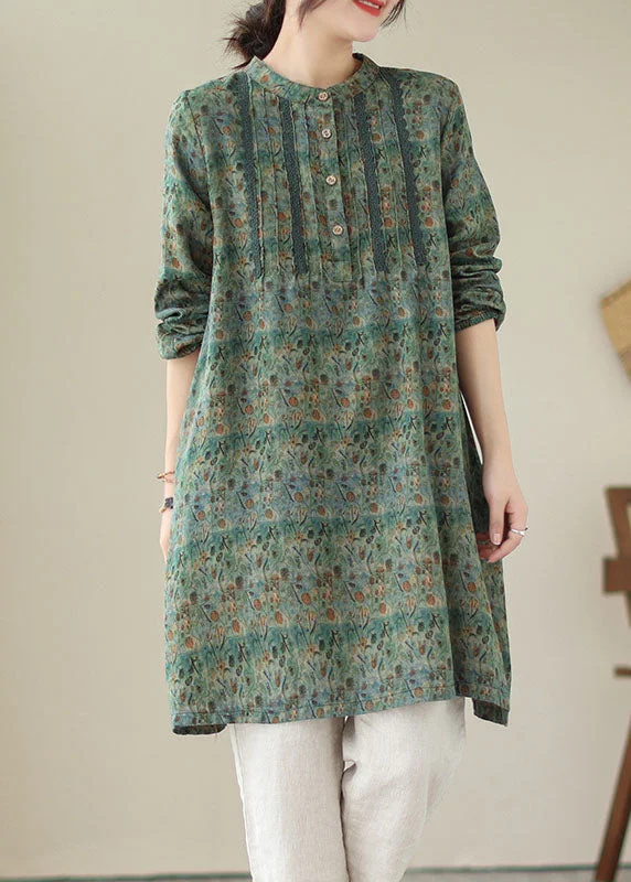 Bold Fashion Green Patchwork Cotton Mid Shirts Dress Wrinkled Long Sleeve