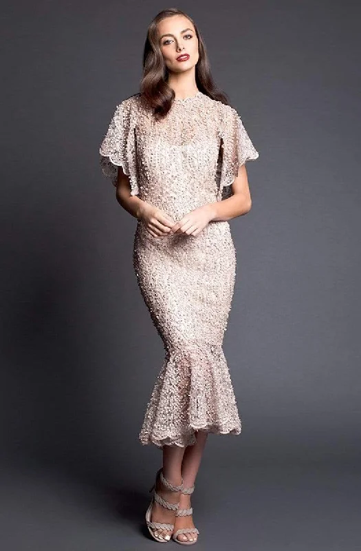 Discount Price Nicole Bakti - 663 Scalloped Flutter Sleeve Beaded Mermaid Dress