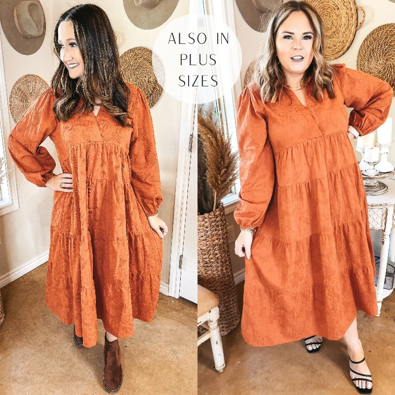 Women's Outerwear for All Weather Conditions Sweet Glances Long Sleeve Tiered Midi Dress in Rust Orange