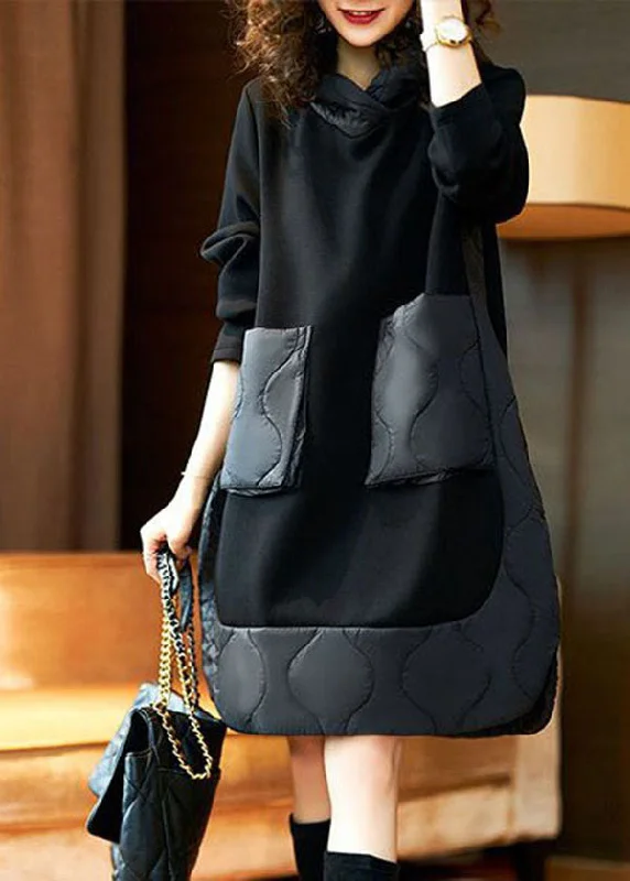 The Latest Fashion Trends Style Black Hooded Pockets Patchwork Cotton Dresses Spring