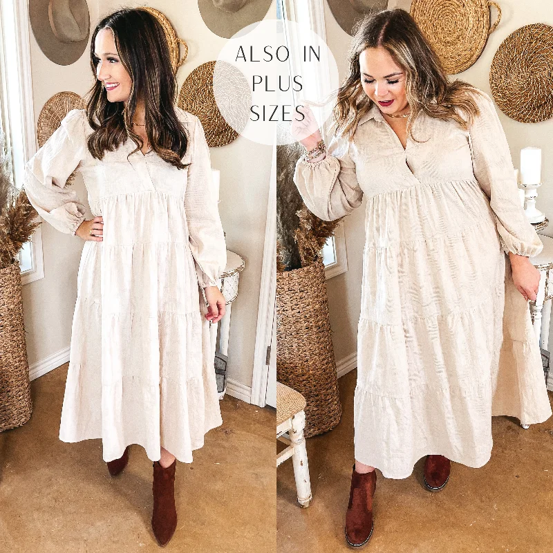 Luxury Women's Fashion Sweet Glances Long Sleeve Tiered Midi Dress in Stone