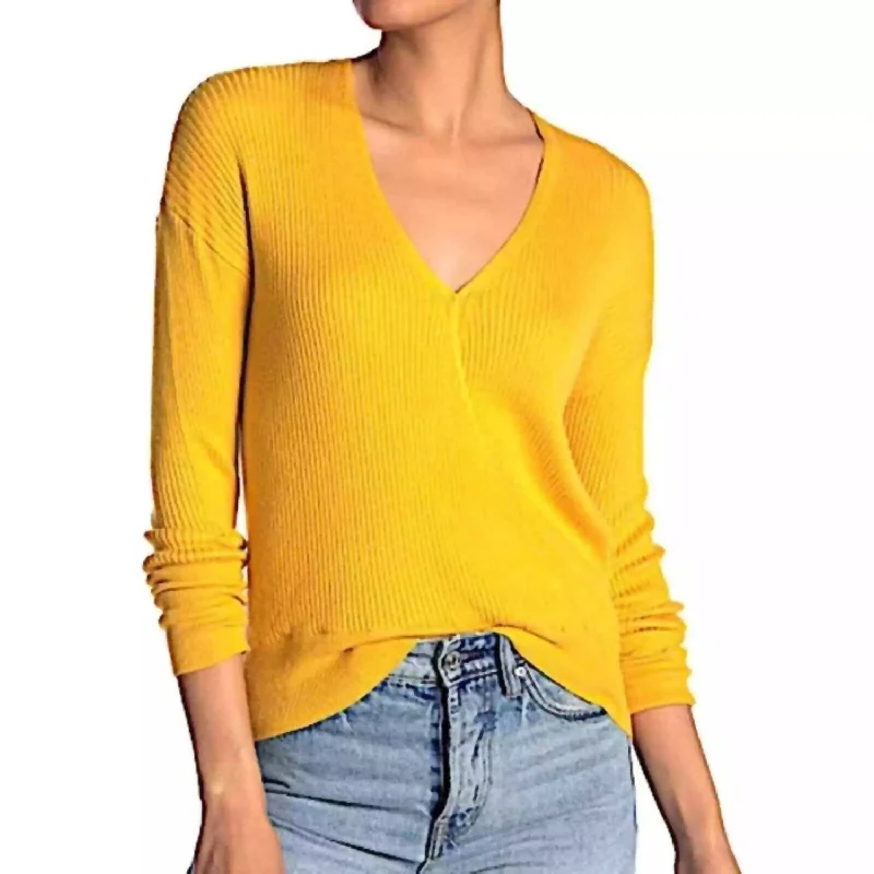 Casual Women's Clothing Online Faux Wrap Ribbed V Neck Knit Surplice Sweater In Yellow