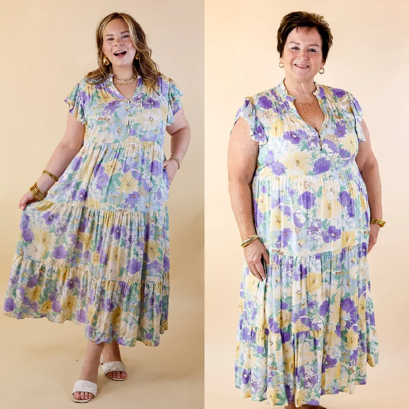 Wardrobe Update Strolling Down Sunset Floral Tiered Midi Dress in Purple and Green Mix