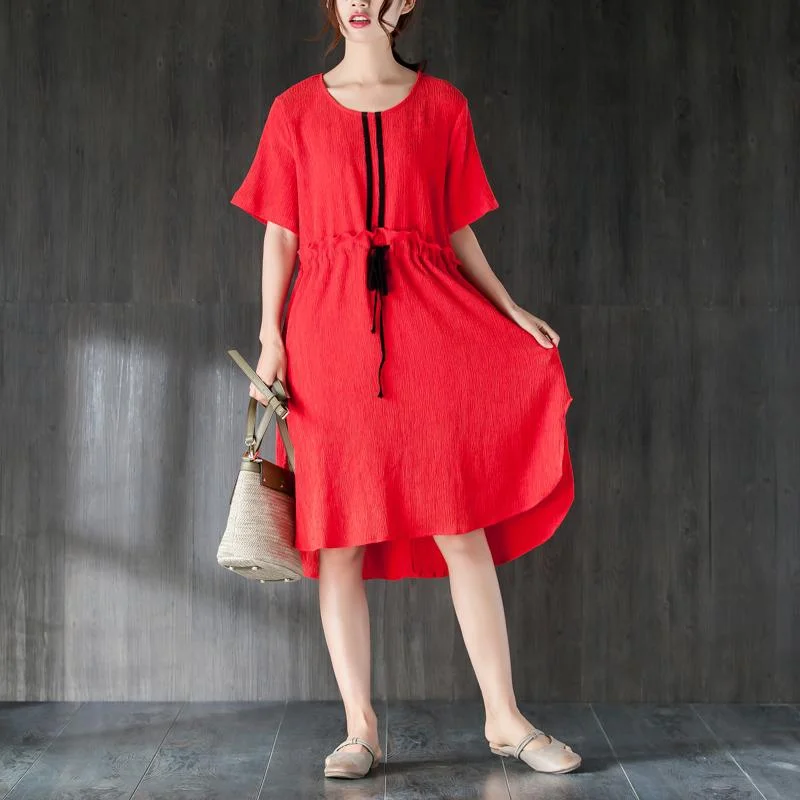 Sale Clearance Fine tencel summer dress plus size clothing Red Summer Women Dress with Ruffles and Ribbon