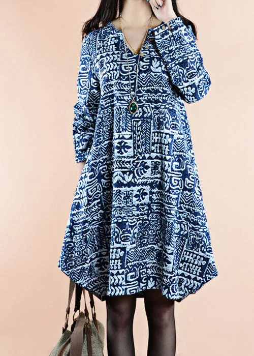 Trendy Women's Fashion Blue Print Patchwork Linen Dress V Neck Asymmetrical Spring