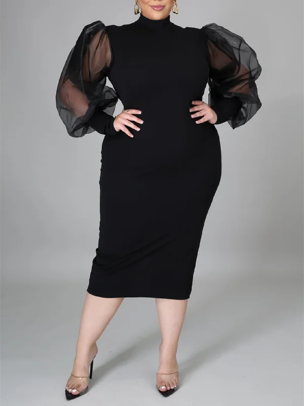 Best Clearance Sales Right Now KittenAlarm - Fashion Puff Sleeve Plus Size Party Midi Dress