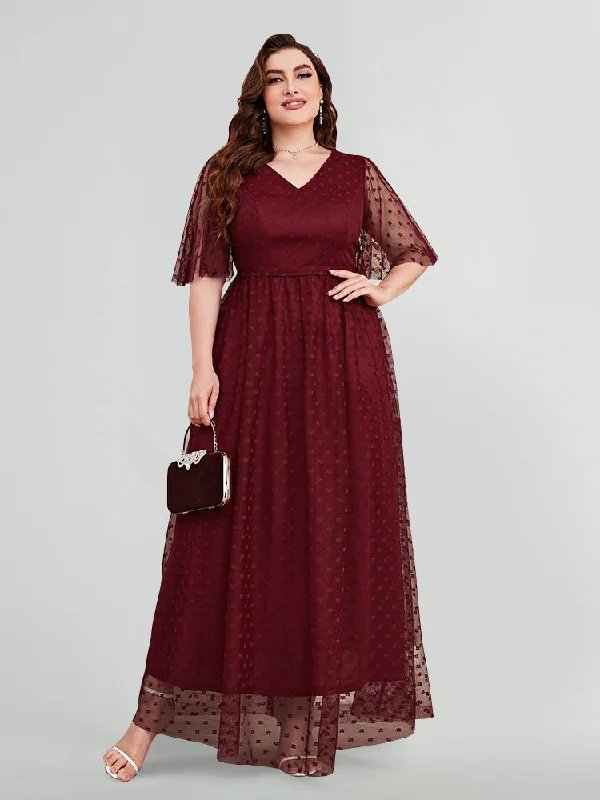 Modern Women's Fashion with Vintage Touches Plus Burgundy Dotted Mesh V-Neck Flutter Sleeve Maxi Dress