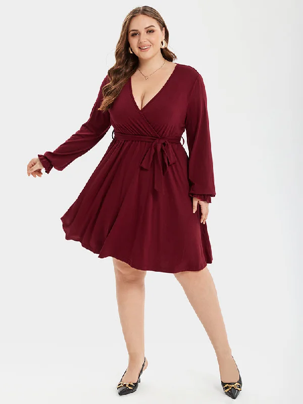 Elegant Women's Clothing V-Neck Flounce Sleeve Belted Ruched Midi Dress