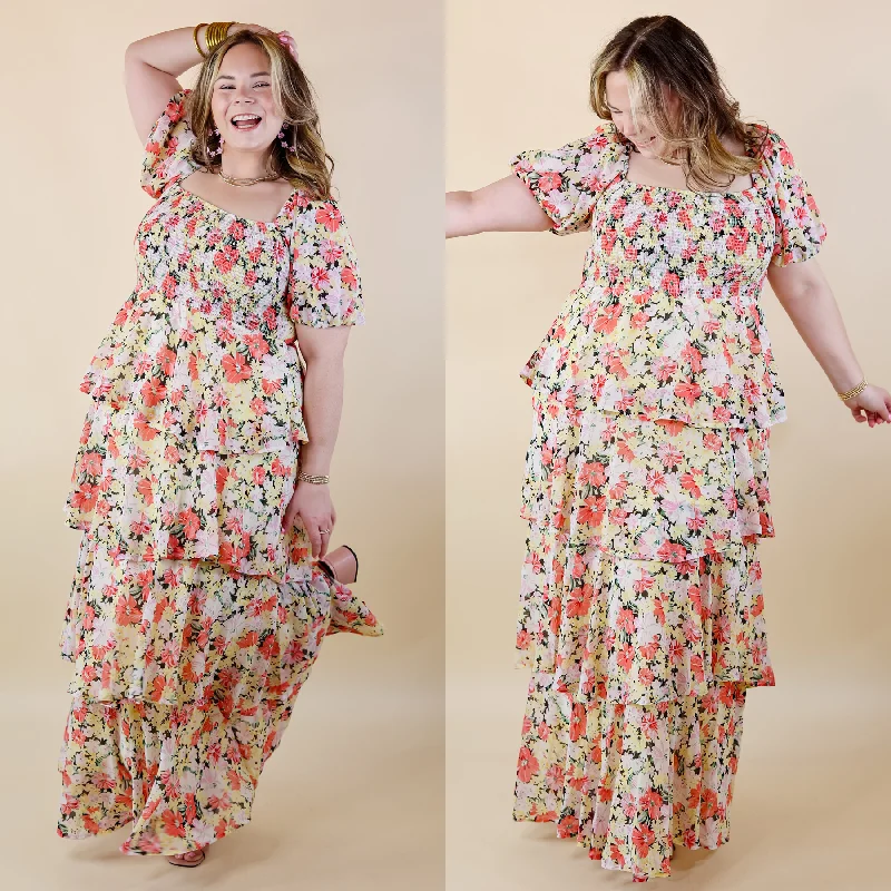 Trendy Fashion For Women Fun Feeling Floral Tiered Maxi Dress with Smocked Balloon Sleeves in Yellow Mix