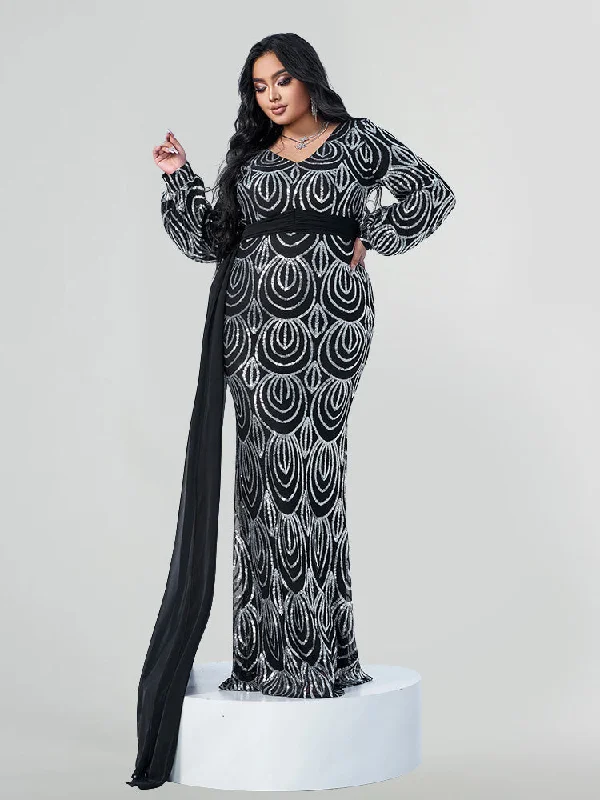 Women Wear Online Plus Black and Silver Geometric Sequin Embellished Sheer Cape Maxi Dress