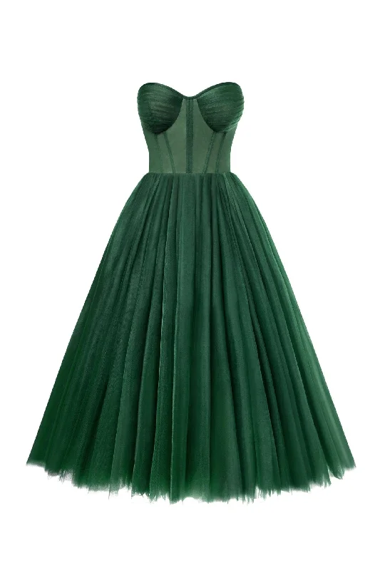 Cutting Edge Fashion Emerald Green Strapless Puffy Midi Tulle Dress