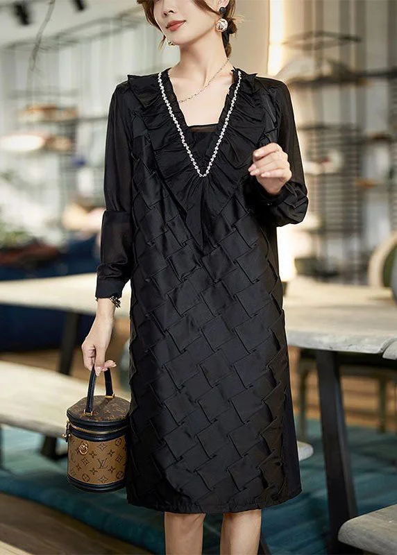 Redefining Women's Fashion Handmade Black Ruffled Zircon Patchwork Cotton Mid Dress Spring