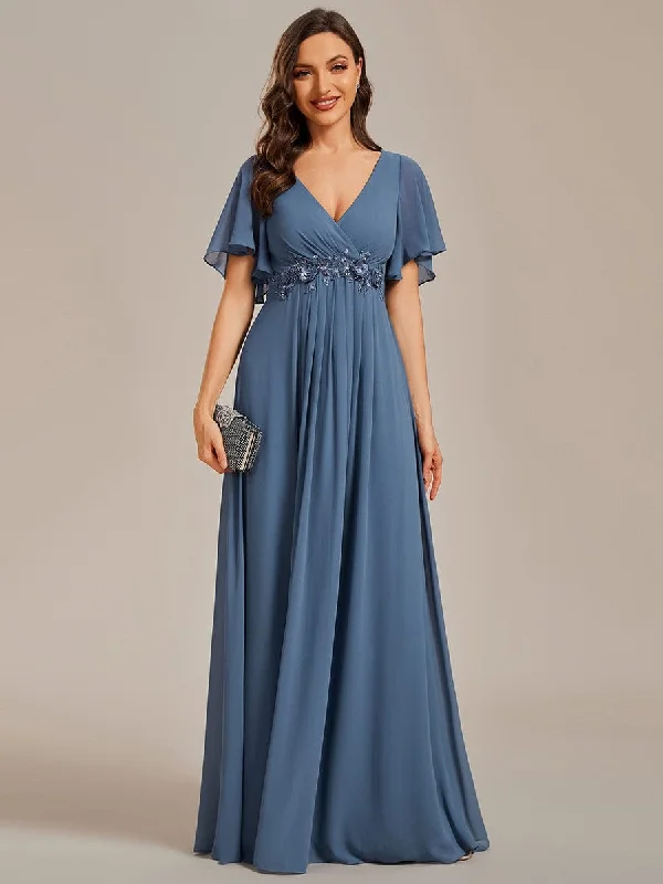 Trend Leading Collection Gentle Iris | Ruffles Sleeve A-Line Chiffon Waist Applique Maxi Wedding Guest Dress