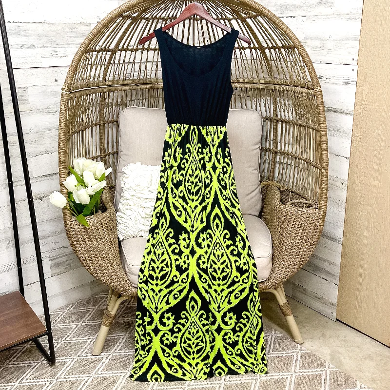 Stylish Savings Last Chance Size Medium | Black Tank Maxi Dress in Black and Neon Green Damask Print