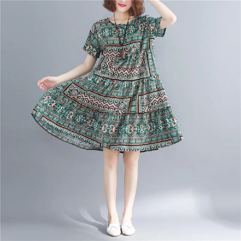 Plus Size Women's Fashion and Clothing stylish print cotton linen dresses plus size short sleeve baggy dresses Fine o neck cotton linen dresses