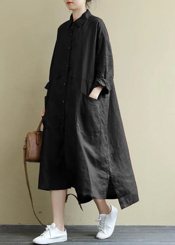 Discount Store Black  Linen Shirt Dress Casual Oversize Spring Maxi Dresses